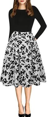 OXIULY FASHION Fit & Flare Dress Long Sleeve Side Pocket Floral Black White Sz M